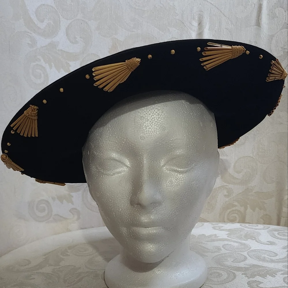 Stephen Anne Custom Black Velvet Straw Hat Wide Brim Gold Tassel Trim